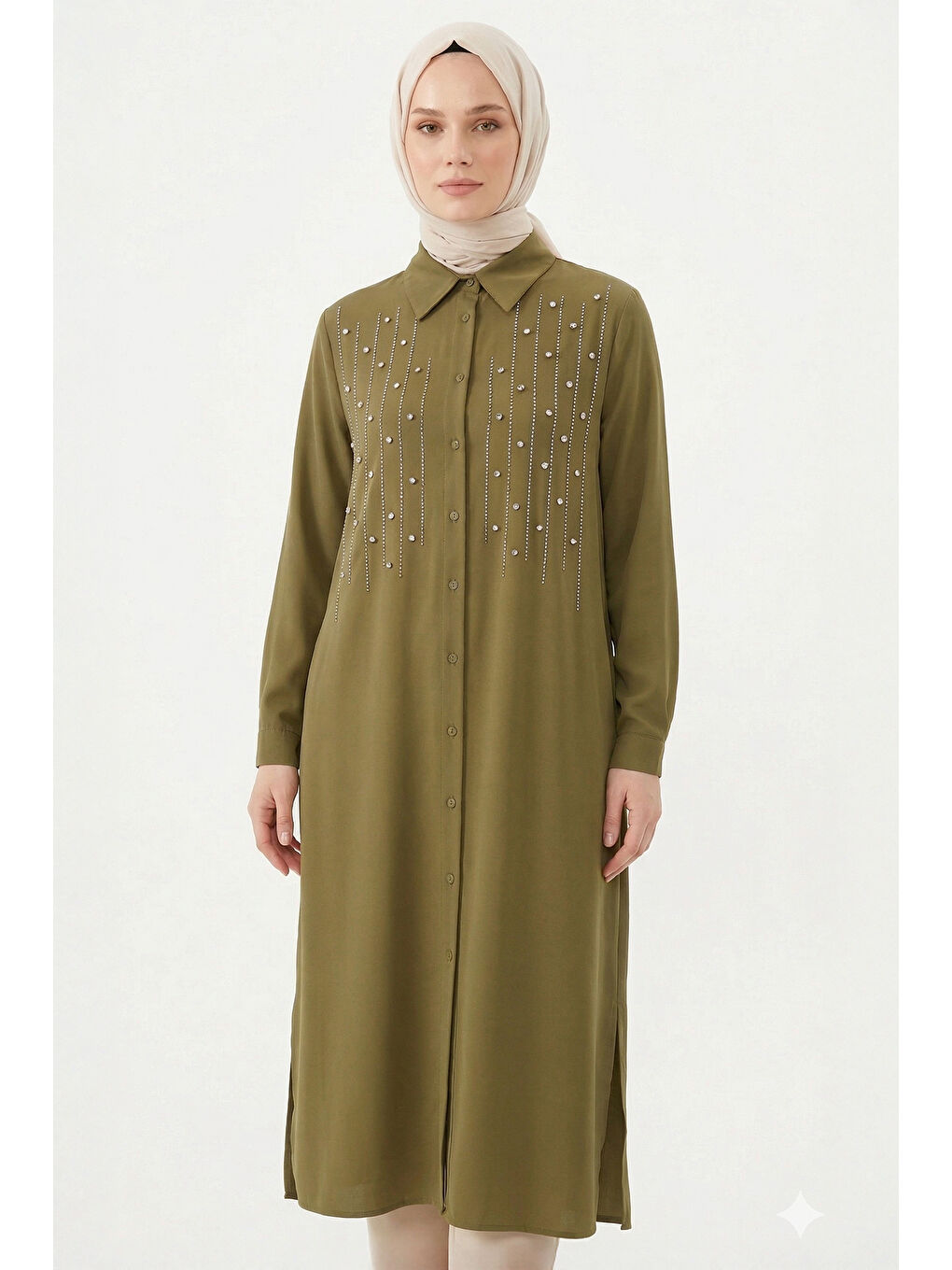 Önü Çizgili Taşlı Tunik Gömlek 210144 Haki-1