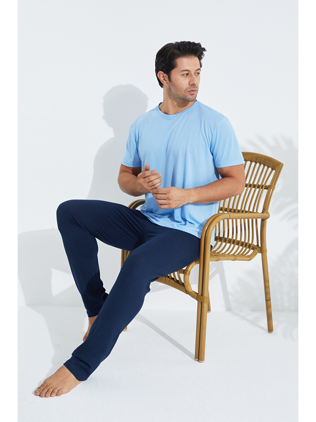 Mavi Kısa Kollu Örme Erkek Pijama Takım 7794-1