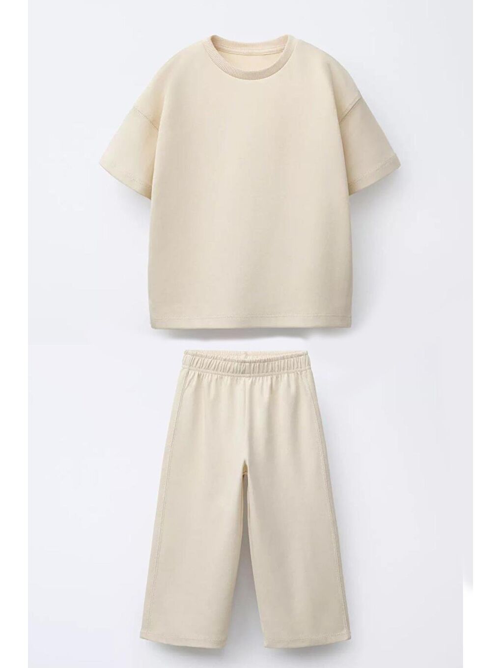 Bej Kız Çocuk Pamuklu Bisiklet Yaka Geniş Paçalı Altüst Takım-1