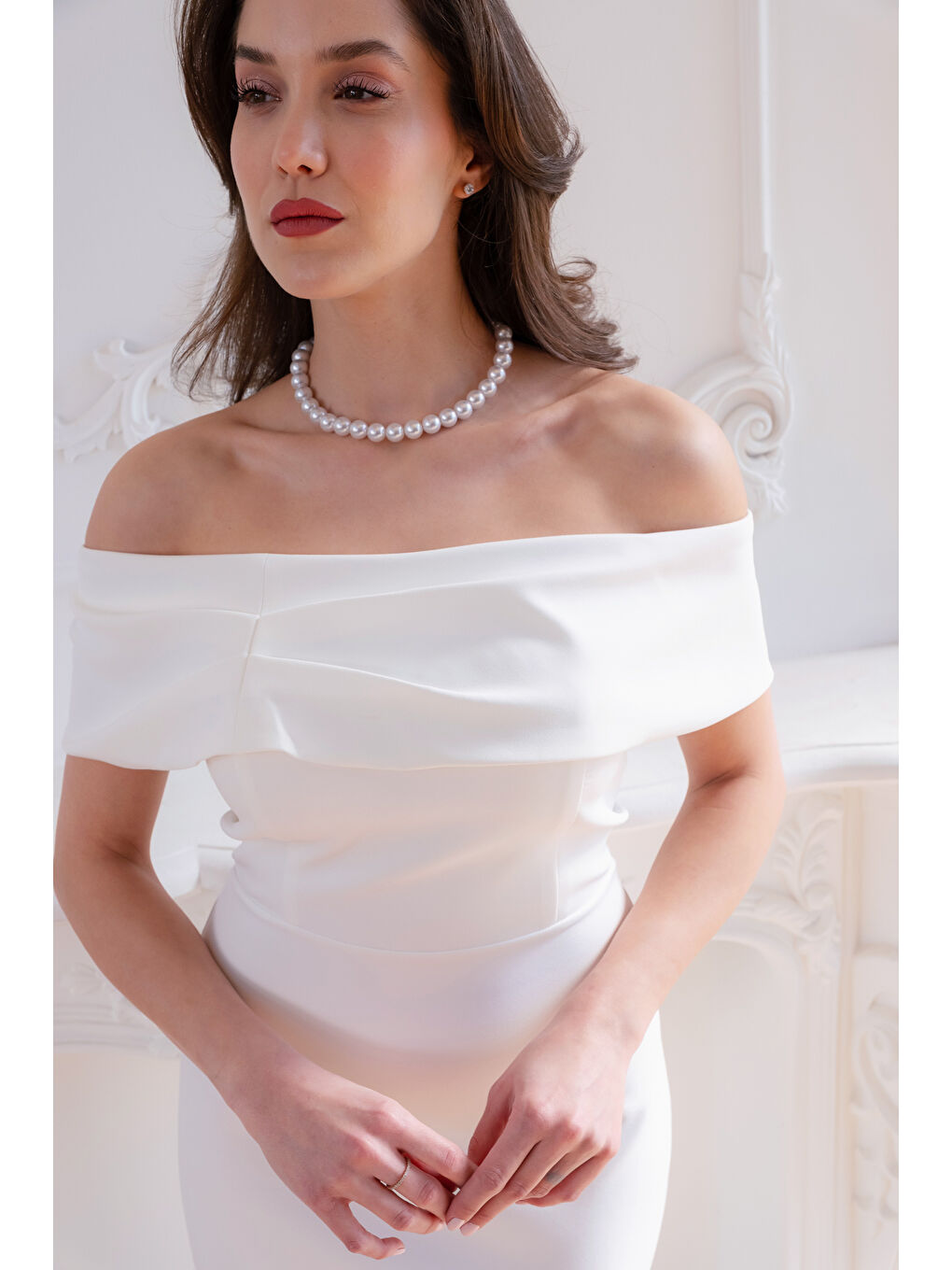 Kadın Beyaz Kayık Yaka Yırtmaçlı Söz Nişan Nikah Abiye Elbise-4