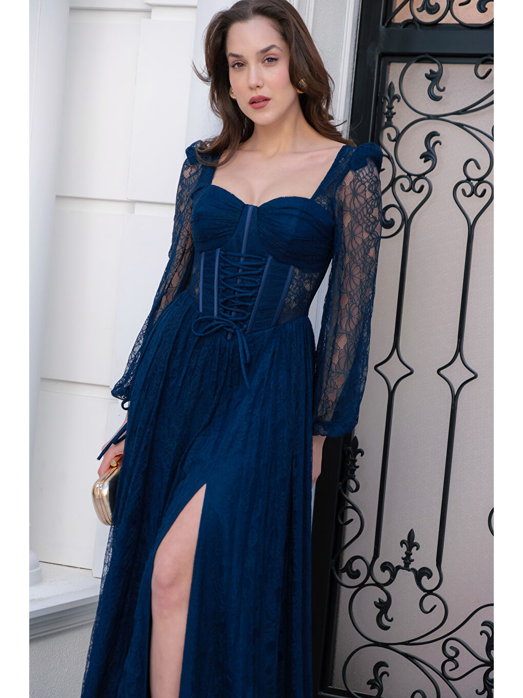 Kadın Lacivert Dar Kalıp Uzun Kol Bacak Dekolteli Dantelli Abiye Elbise-2