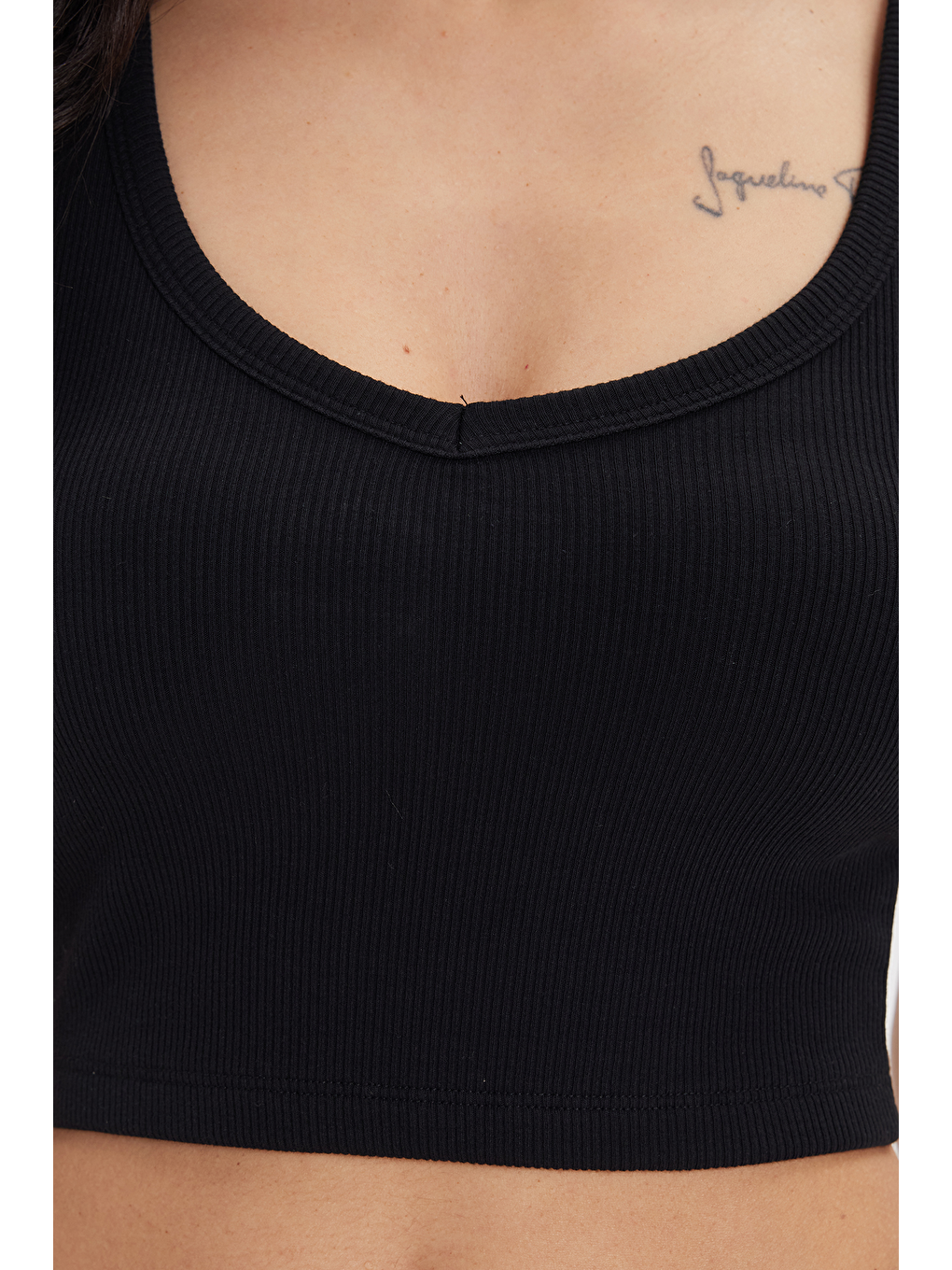 Kadın Slim Fit Dar Kesim Pamuklu Fitilli Kalın Askılı Basic Siyah Crop Atlet-1