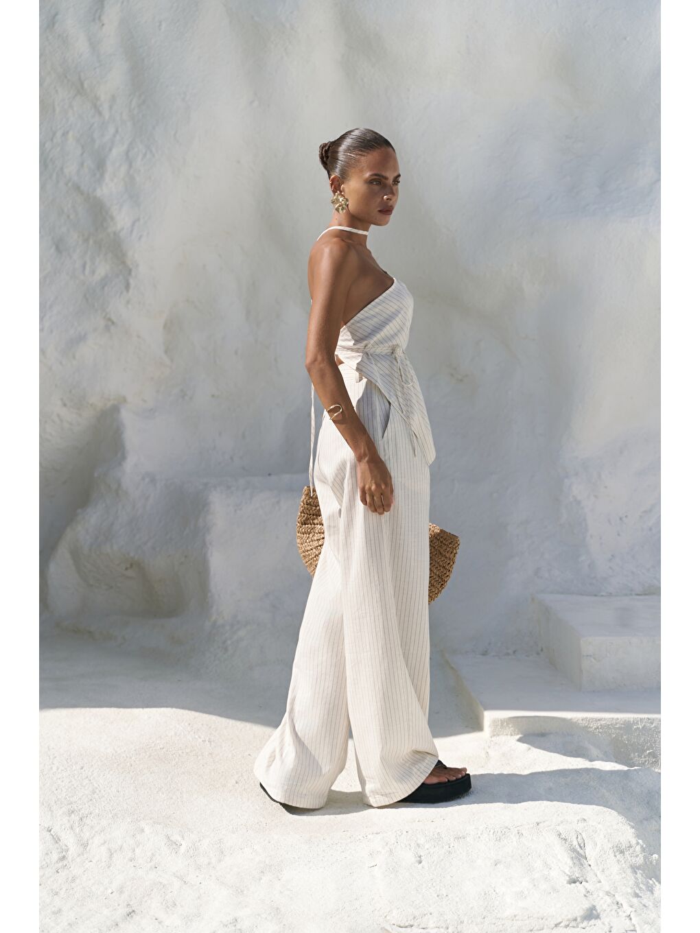 Behin Çizgili Bağlamalı Bej Crop Pantolon Takım-2