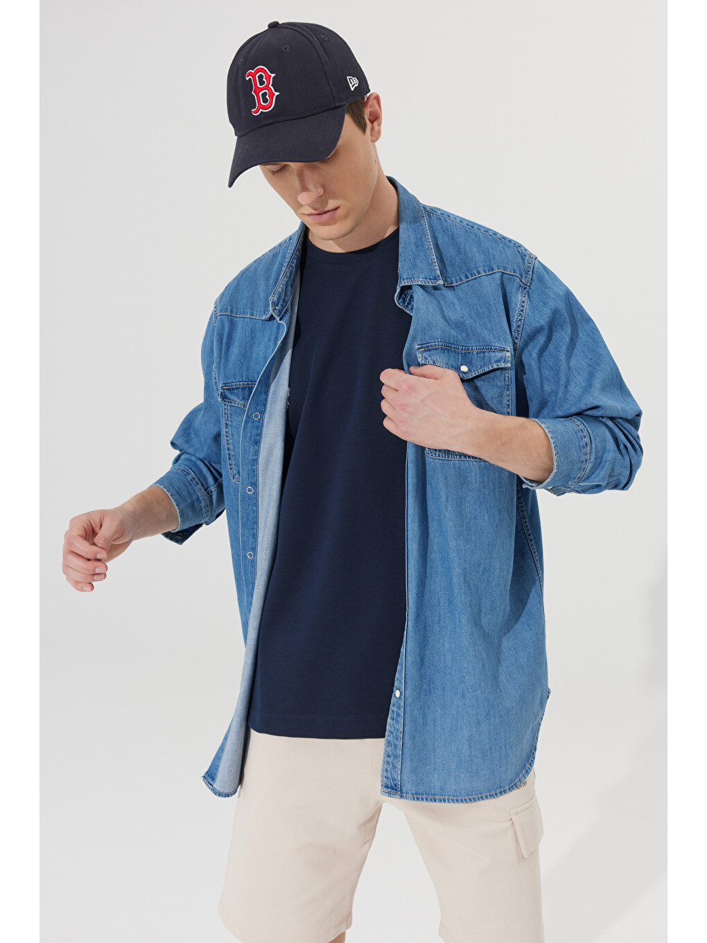 Erkek Lacivert Oversize Bol Kesim Bisiklet Yaka Kısa Kollu Sweatshirt-4