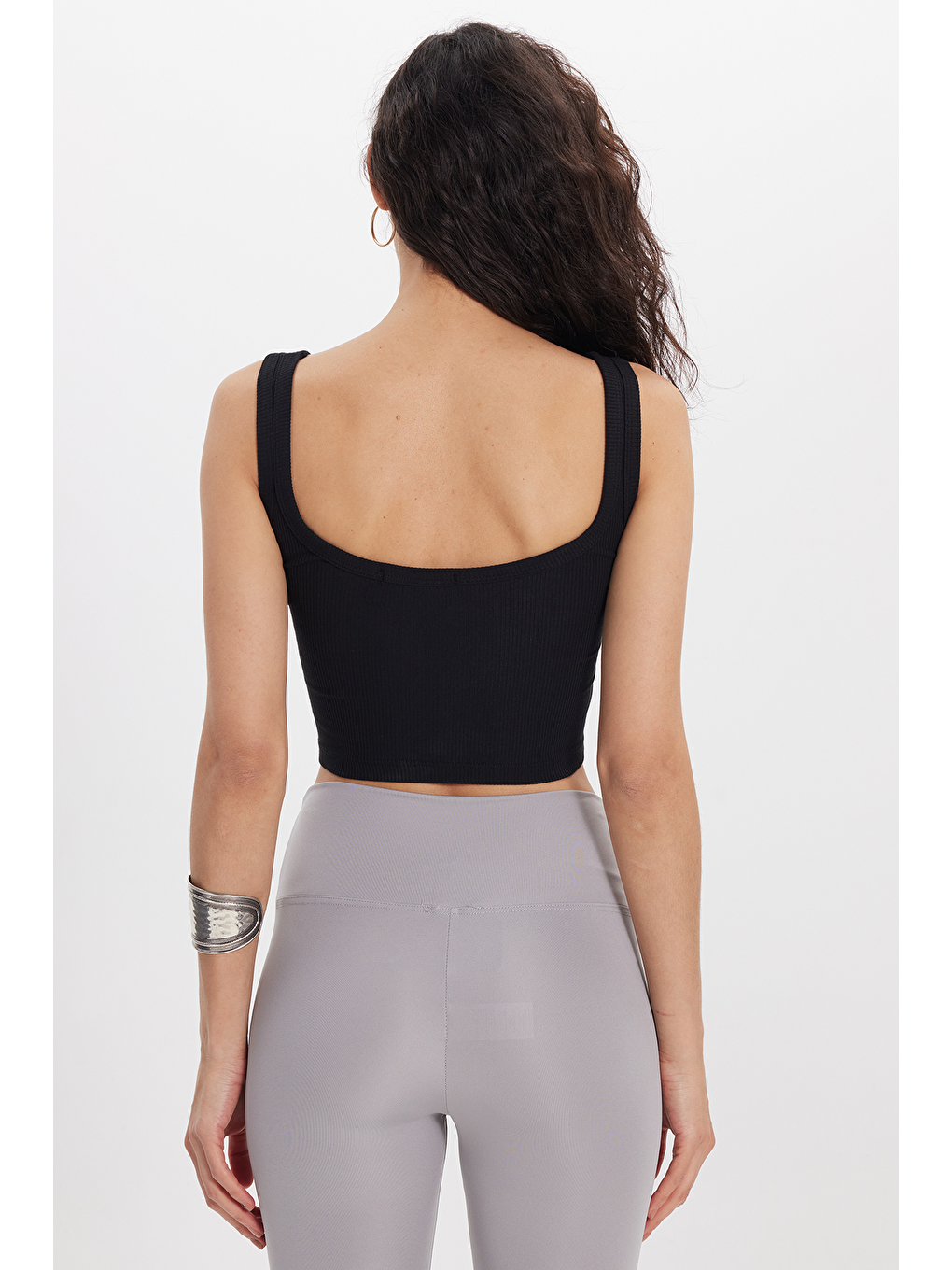 Kadın Slim Fit Dar Kesim Pamuklu Fitilli Kalın Askılı Basic Siyah Crop Atlet-2
