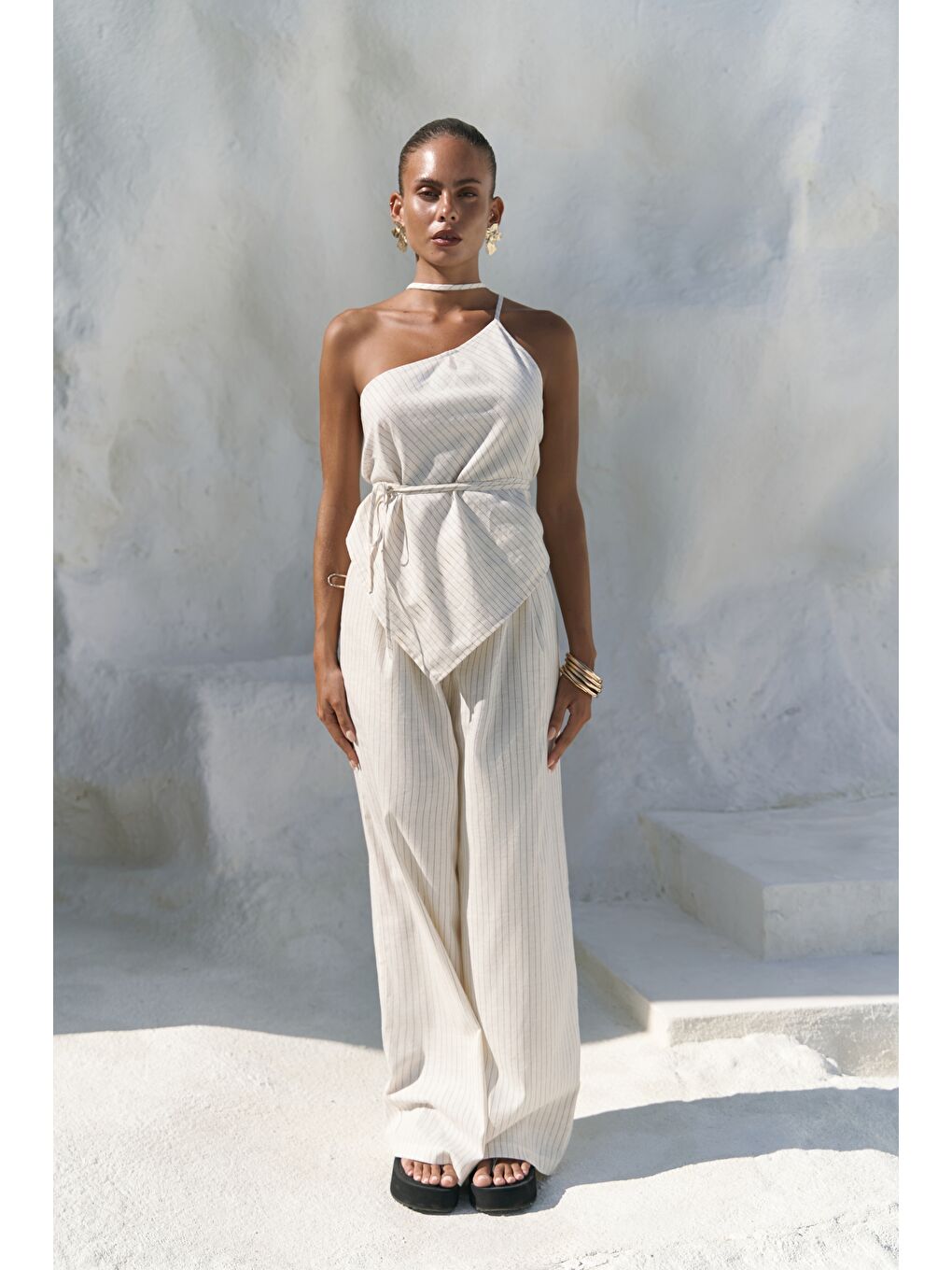 Behin Çizgili Bağlamalı Bej Crop Pantolon Takım-4