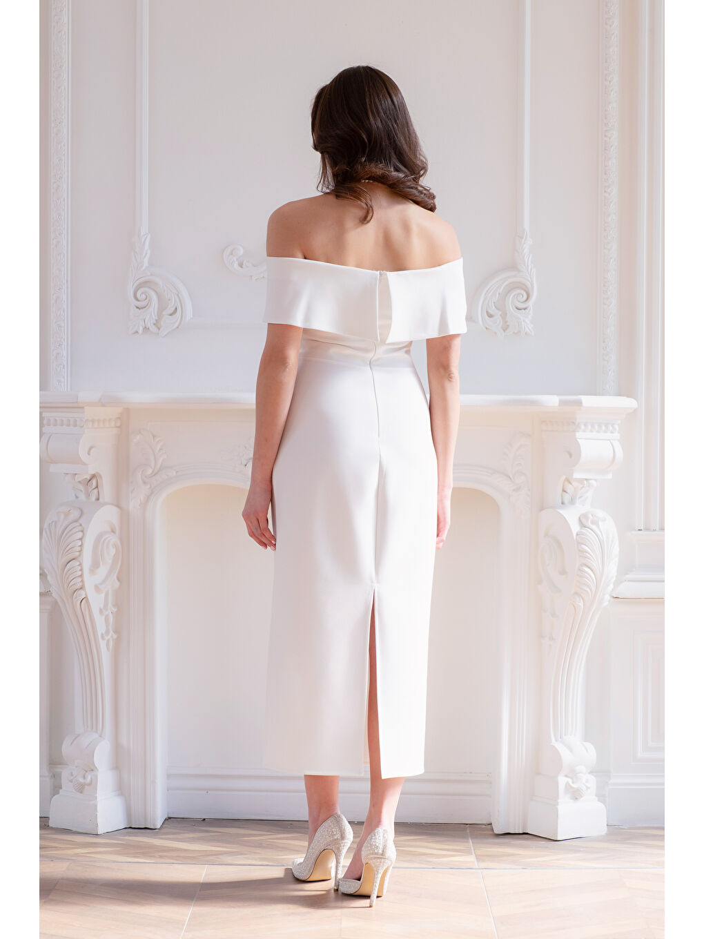 Kadın Beyaz Kayık Yaka Yırtmaçlı Söz Nişan Nikah Abiye Elbise-5