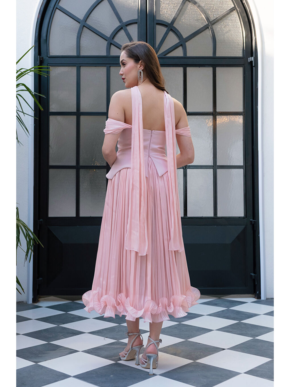 Pembe Kadın Pudra Şal Yaka Etek Ucu Volanlı Midi Söz Nişan Nikah Abiye-5