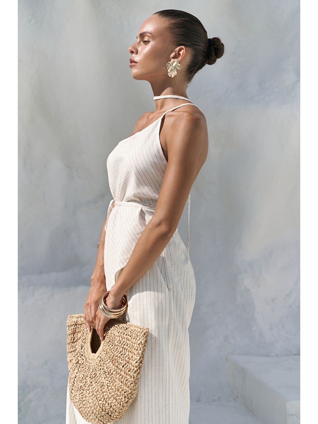 Behin Çizgili Bağlamalı Bej Crop Pantolon Takım-5