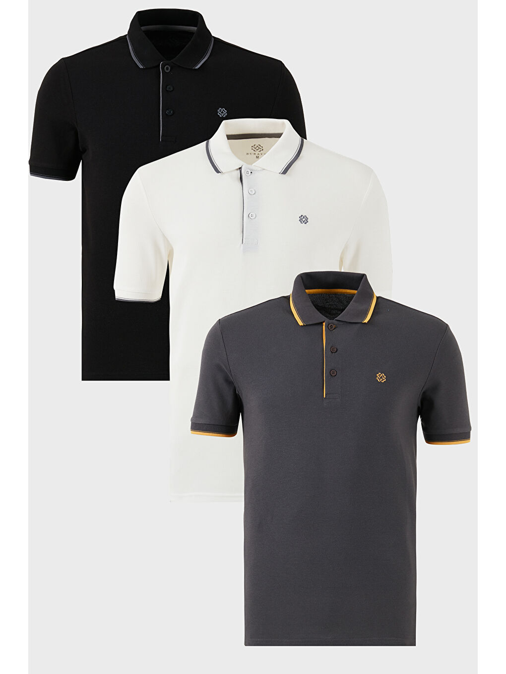 Siyah Pamuklu Slim Fit Şerit Detaylı Düğmeli Polo Yaka 3'lü Paket %100 Pamuk Tişört 5902118S3