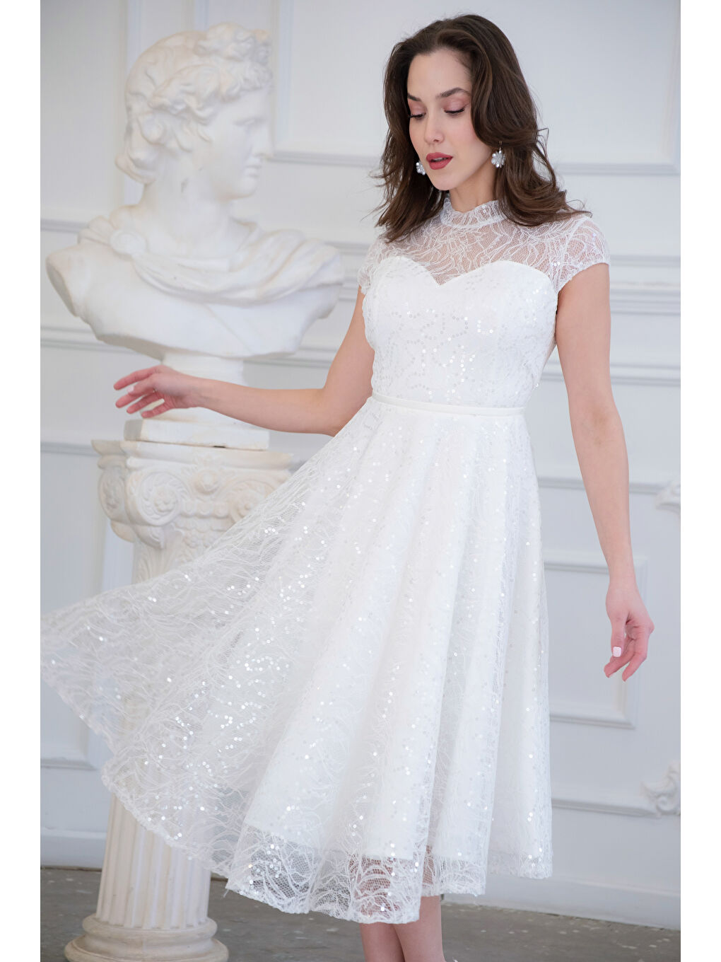 Kadın Beyaz Kısa Kollu Payetli Midi Kloş Söz Nişan Nikah Abiye Elbise-1