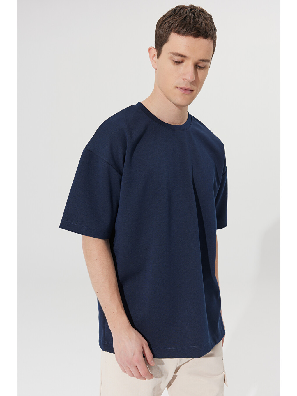 Erkek Lacivert Oversize Bol Kesim Bisiklet Yaka Kısa Kollu Sweatshirt-5