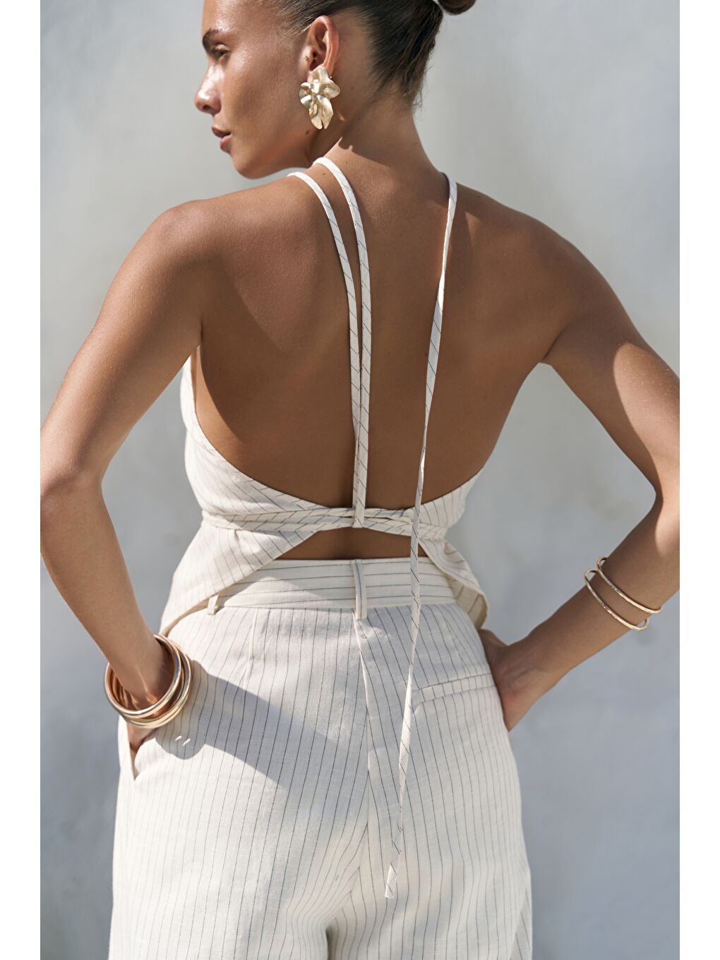 Behin Çizgili Bağlamalı Bej Crop Pantolon Takım-6