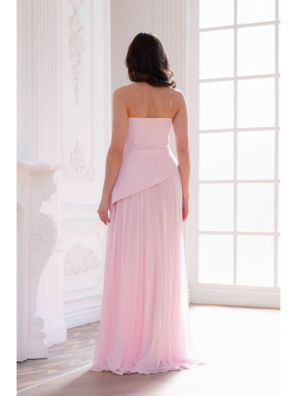 Pembe Kadın Pudra Dar Kalıp Korseli Şifon Fular Detaylı Uzun Abiye Elbise-5
