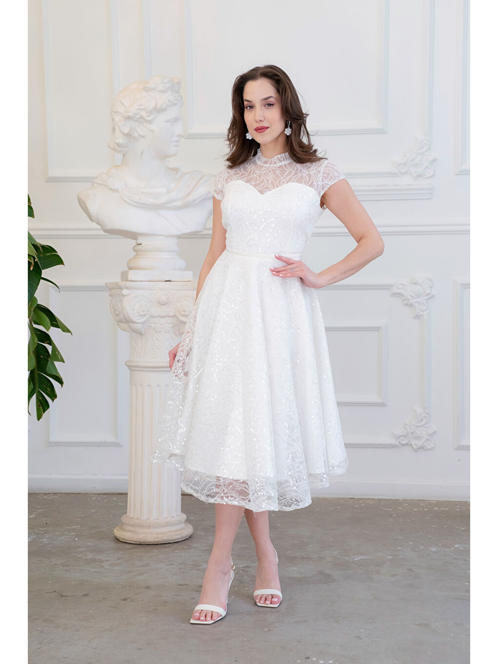 Kadın Beyaz Kısa Kollu Payetli Midi Kloş Söz Nişan Nikah Abiye Elbise-2