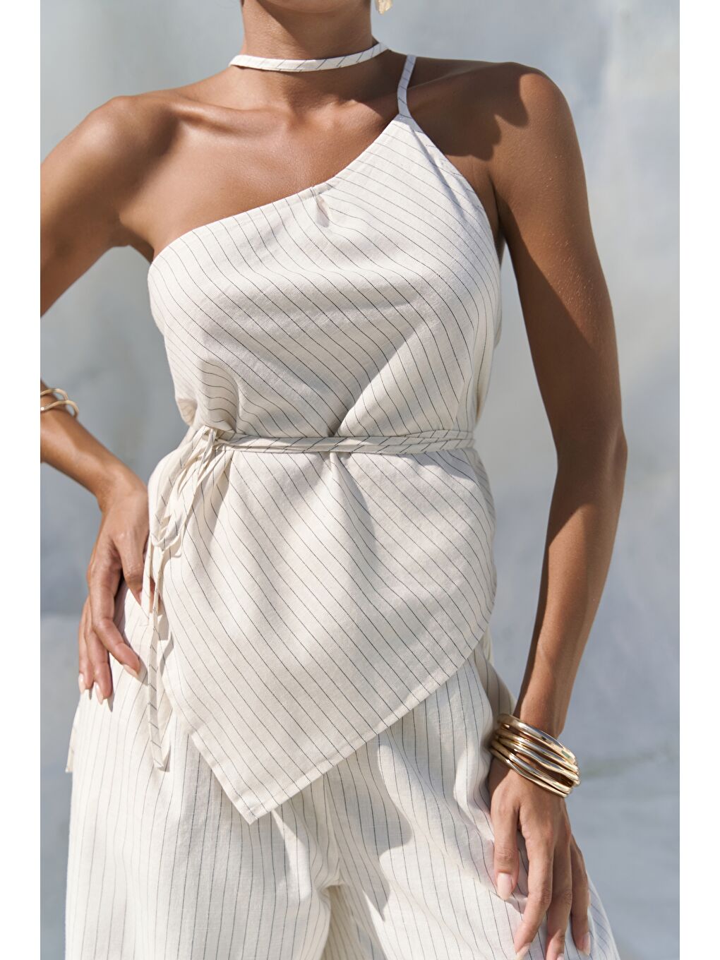 Behin Çizgili Bağlamalı Bej Crop Pantolon Takım-7