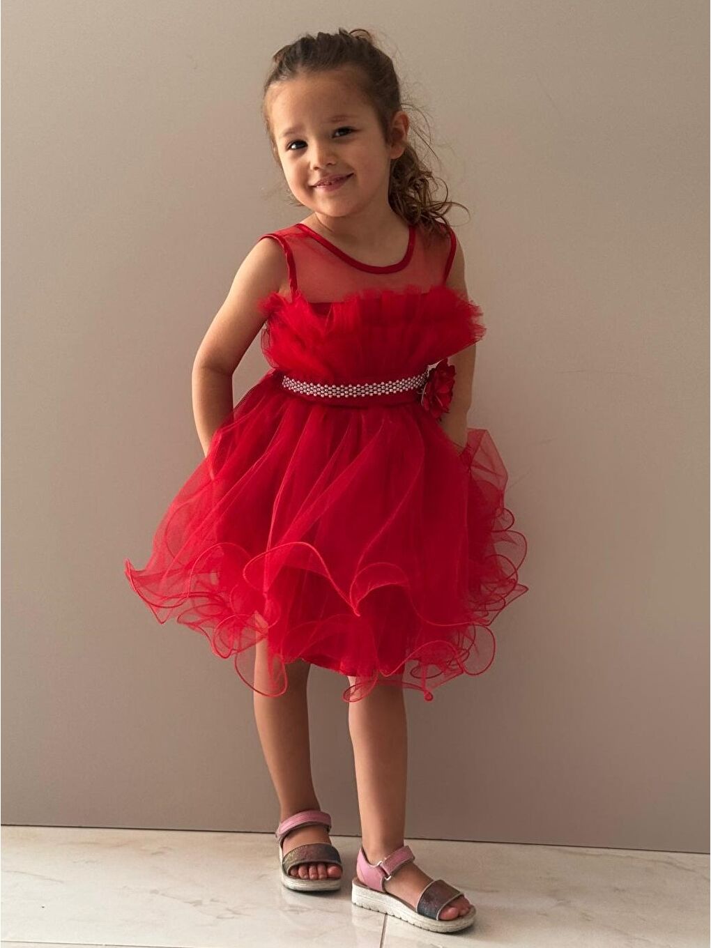 Kırmızı Kız Çocuk Tütülü Vena Elbise MNK285-3