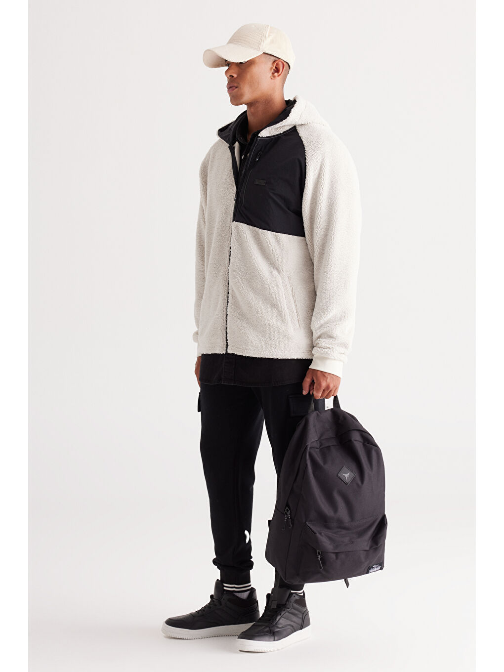 Bej Oversize Bol Kesim Kapüşonlu Erkek Polar Fermuarlı Sweatshirt Hırka-1