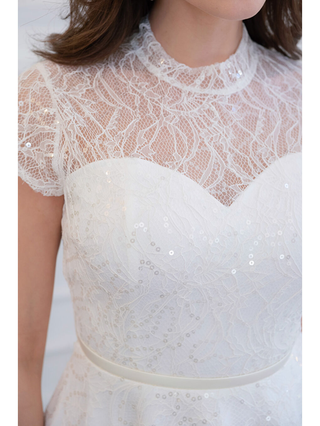 Kadın Beyaz Kısa Kollu Payetli Midi Kloş Söz Nişan Nikah Abiye Elbise-4