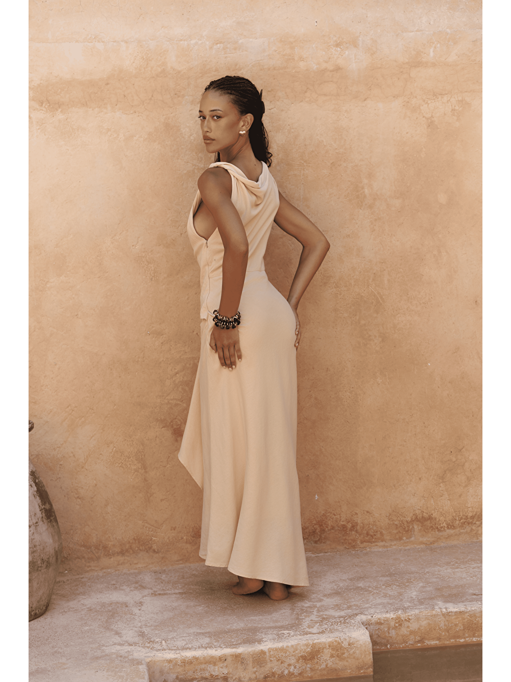 Zimbabue Uzun Sarı Keten Elbise-3