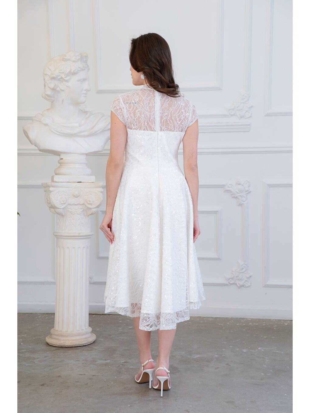 Kadın Beyaz Kısa Kollu Payetli Midi Kloş Söz Nişan Nikah Abiye Elbise-5