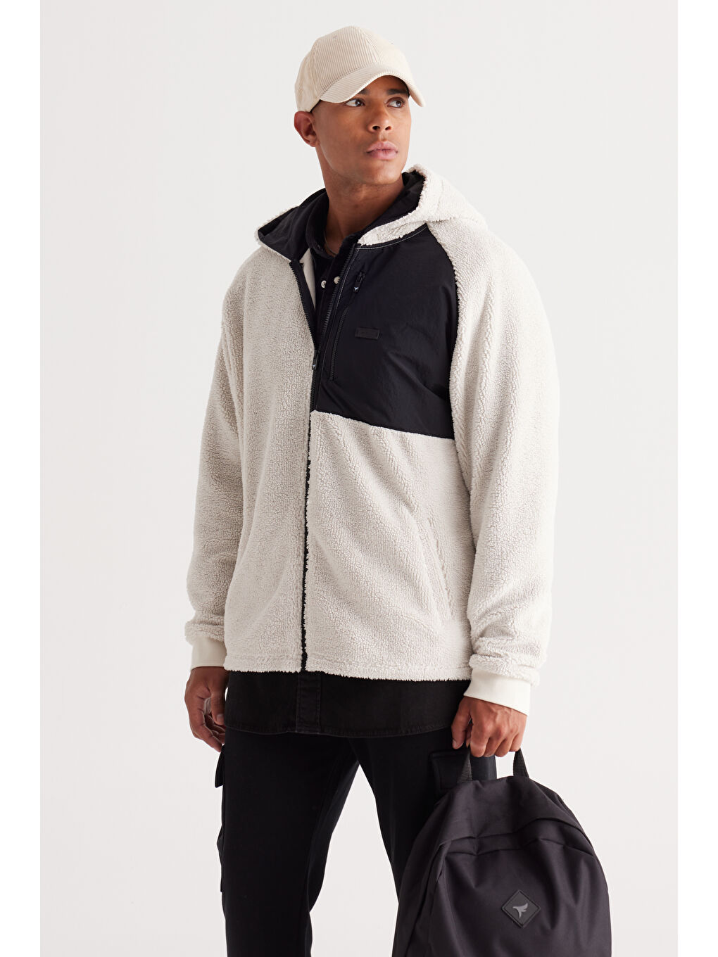 Bej Oversize Bol Kesim Kapüşonlu Erkek Polar Fermuarlı Sweatshirt Hırka-3