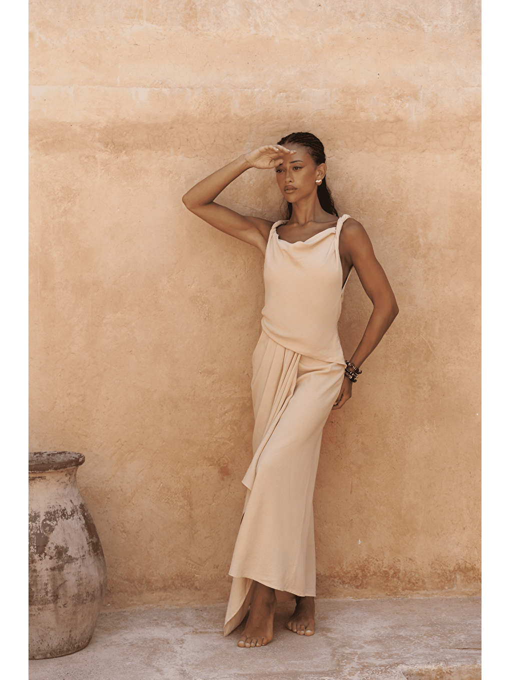 Zimbabue Uzun Sarı Keten Elbise-4