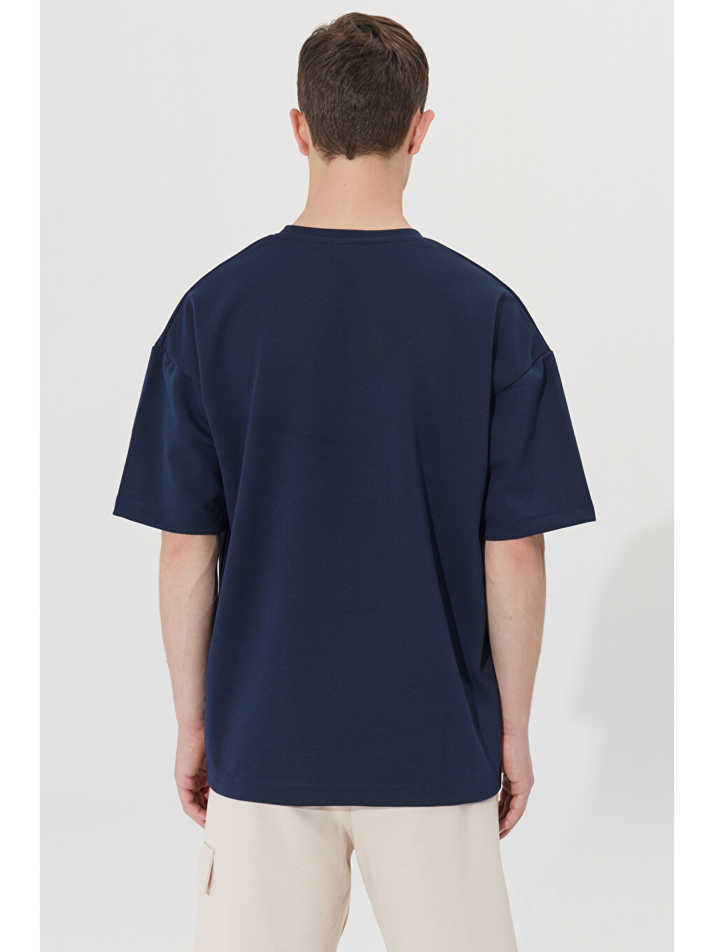 Erkek Lacivert Oversize Bol Kesim Bisiklet Yaka Kısa Kollu Sweatshirt-7