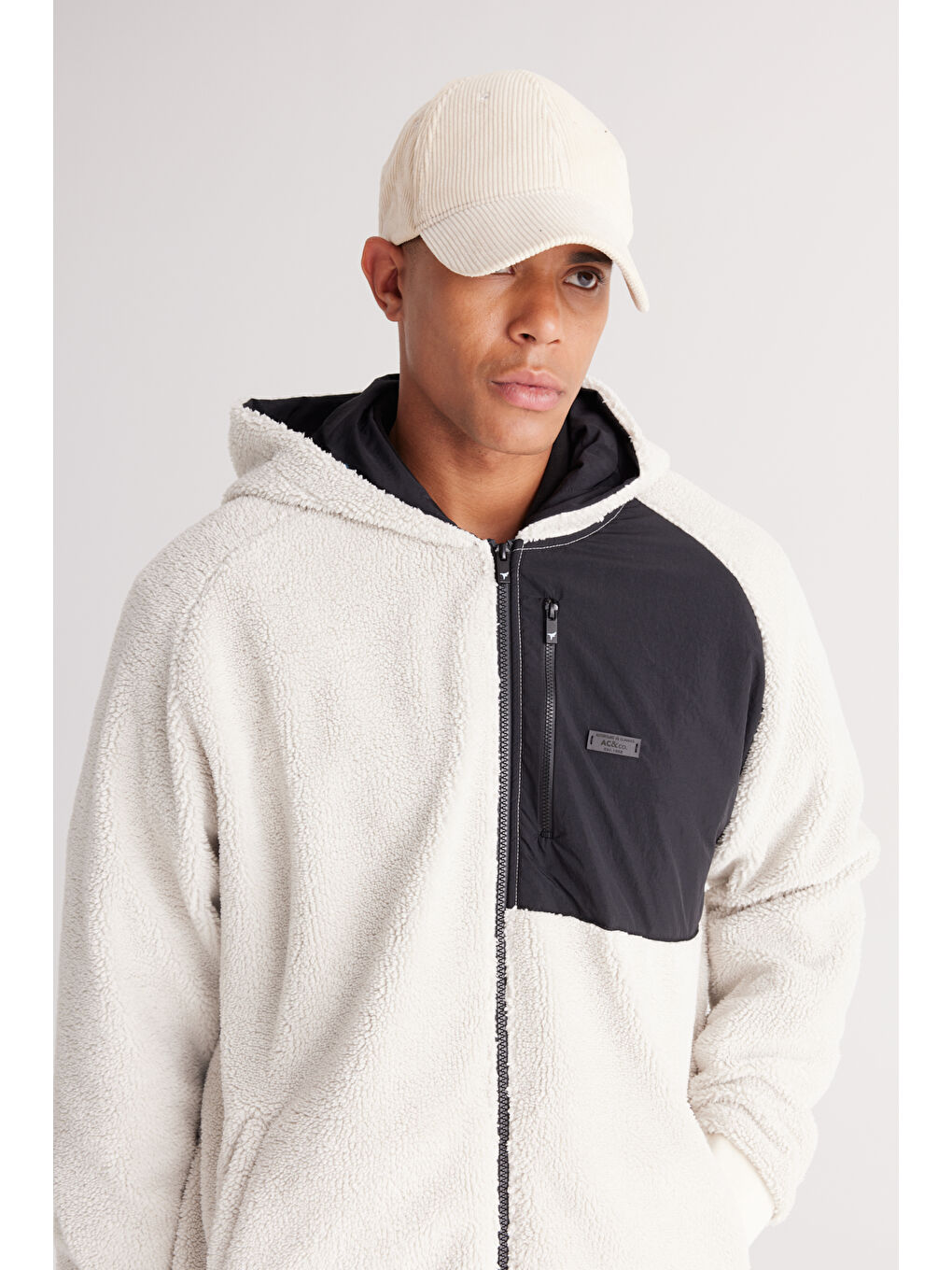 Bej Oversize Bol Kesim Kapüşonlu Erkek Polar Fermuarlı Sweatshirt Hırka-4