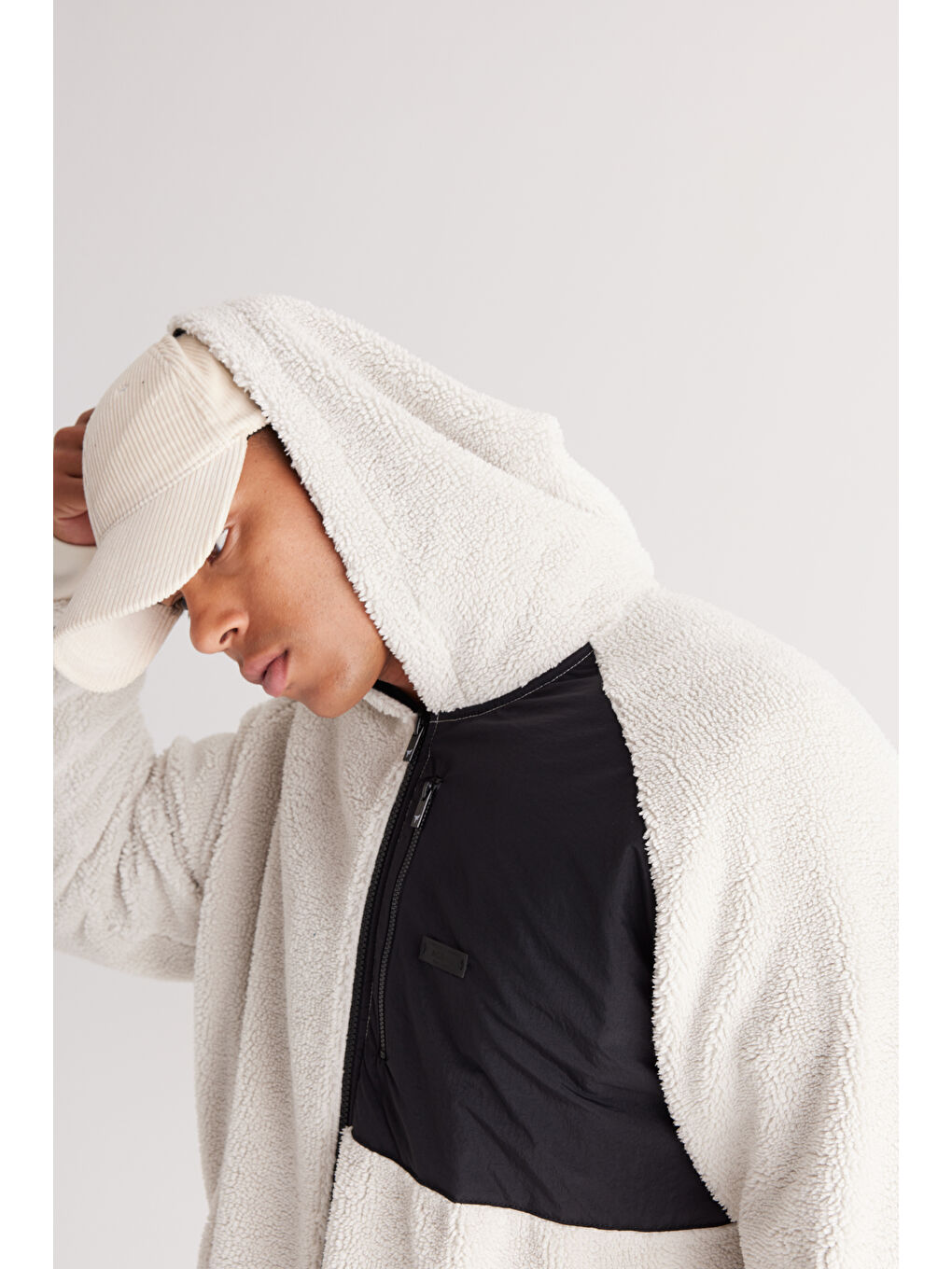 Bej Oversize Bol Kesim Kapüşonlu Erkek Polar Fermuarlı Sweatshirt Hırka-5