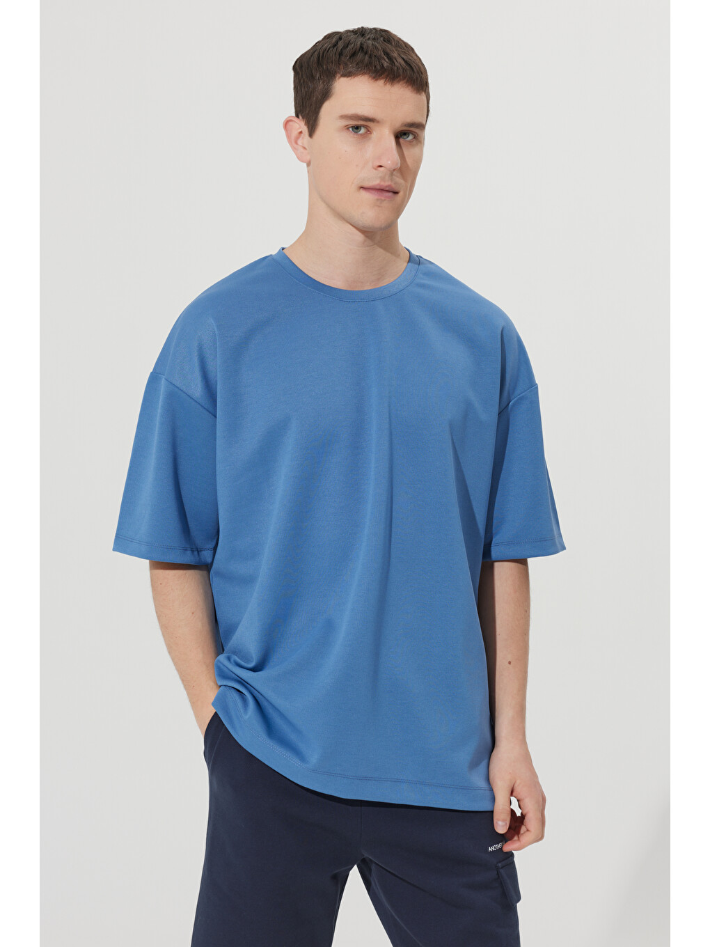 Erkek İndigo Oversize Bol Kesim Bisiklet Yaka Kısa Kollu Sweatshirt