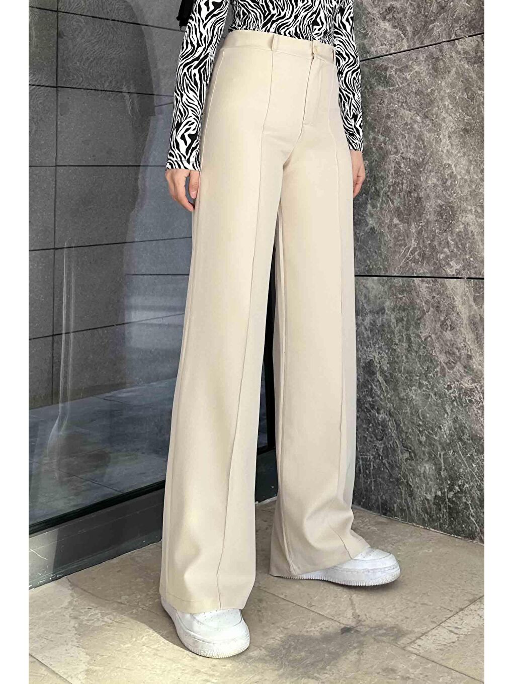 Ekru Çımalı Bol Paça Pantolon Krem-1