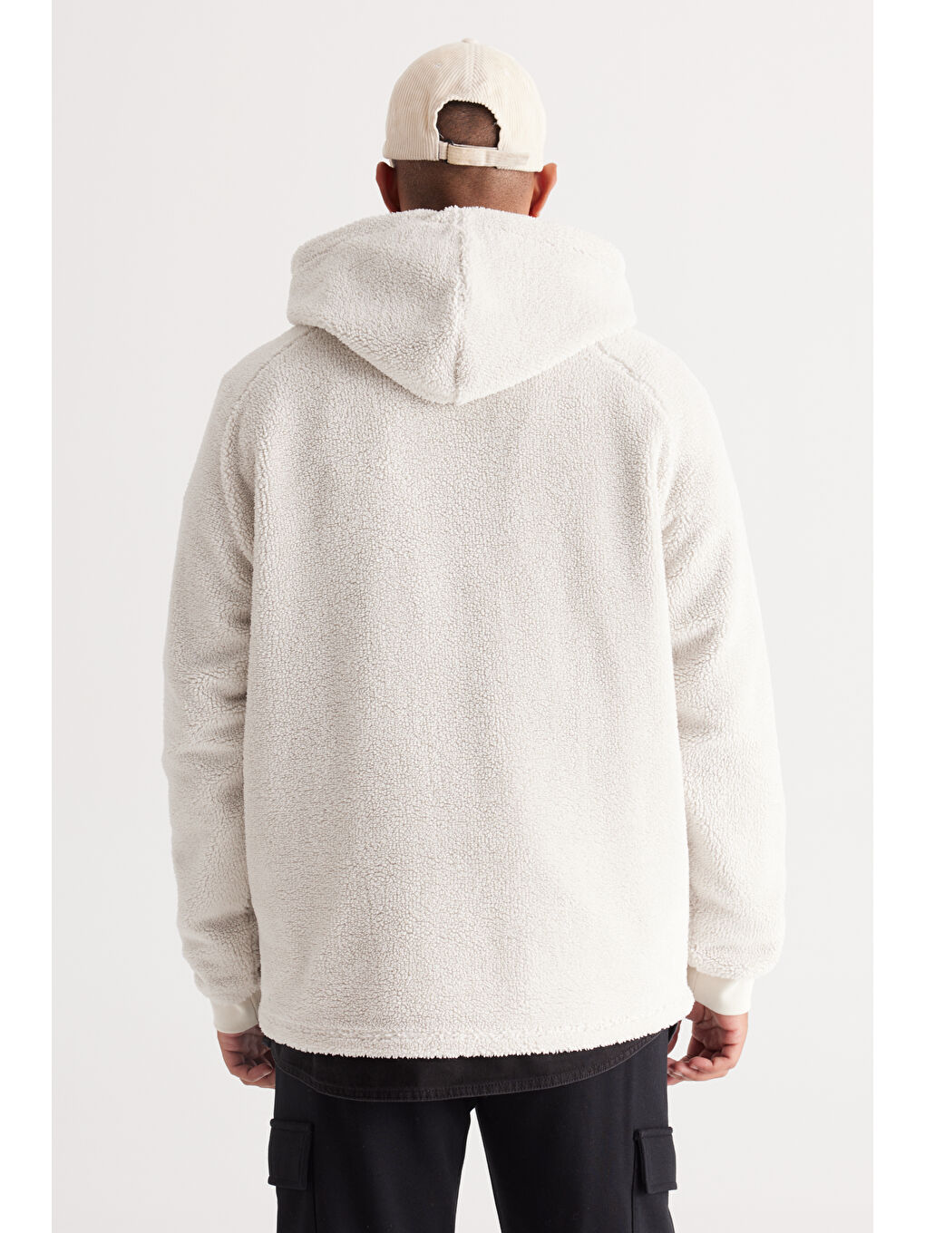 Bej Oversize Bol Kesim Kapüşonlu Erkek Polar Fermuarlı Sweatshirt Hırka-6