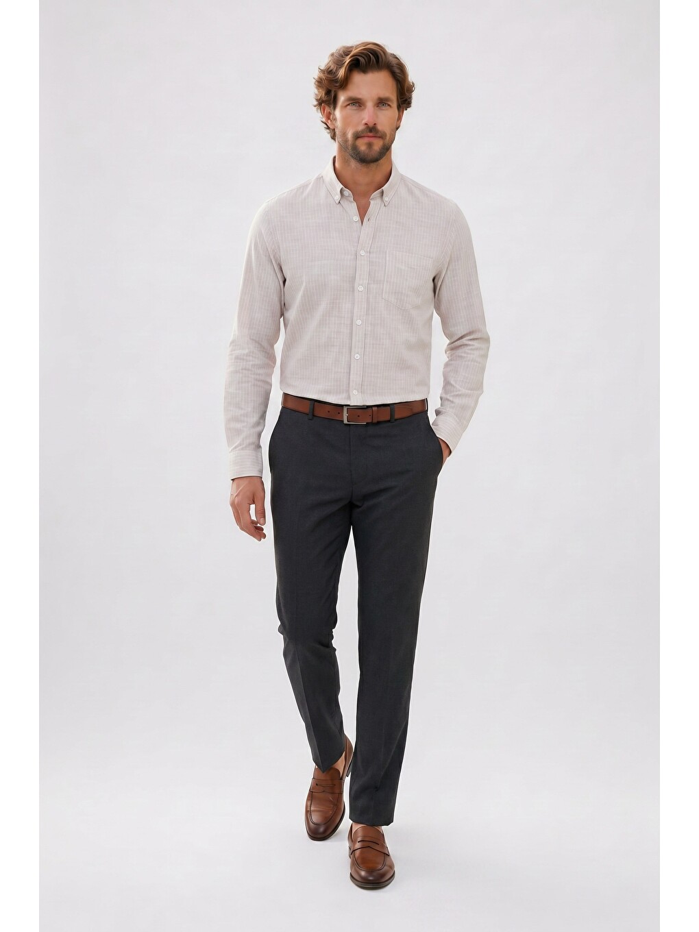 Erkek Slim Fit Dar Kesim %100 Pamuk Düğmeli Yaka Çizgili Uzun Kollu Cepli Keten Efektli Bej Gömlek-1