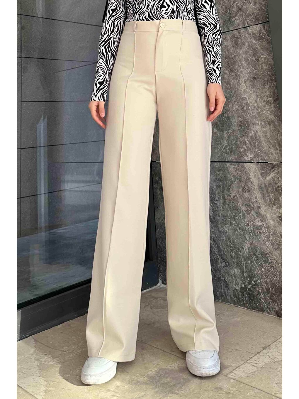 Ekru Çımalı Bol Paça Pantolon Krem-2