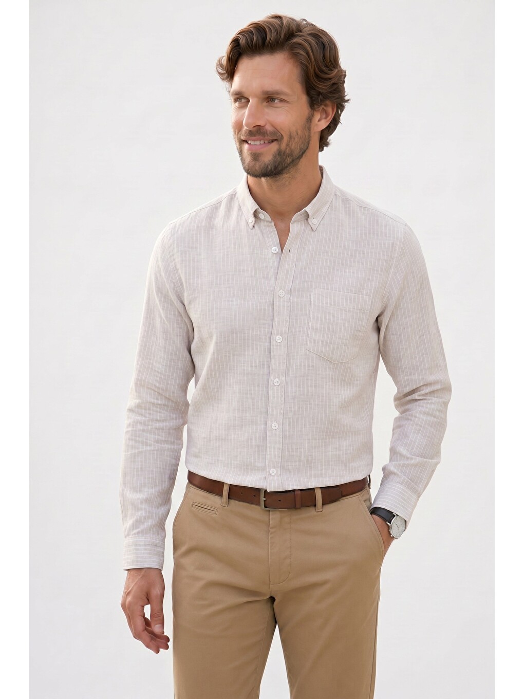 Erkek Slim Fit Dar Kesim %100 Pamuk Düğmeli Yaka Çizgili Uzun Kollu Cepli Keten Efektli Bej Gömlek-3