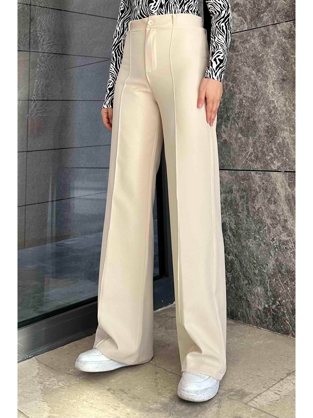 Ekru Çımalı Bol Paça Pantolon Krem-3