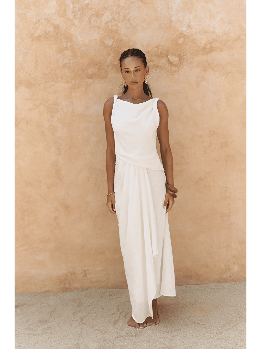 Zimbabue Uzun Ekru Keten Elbise-1