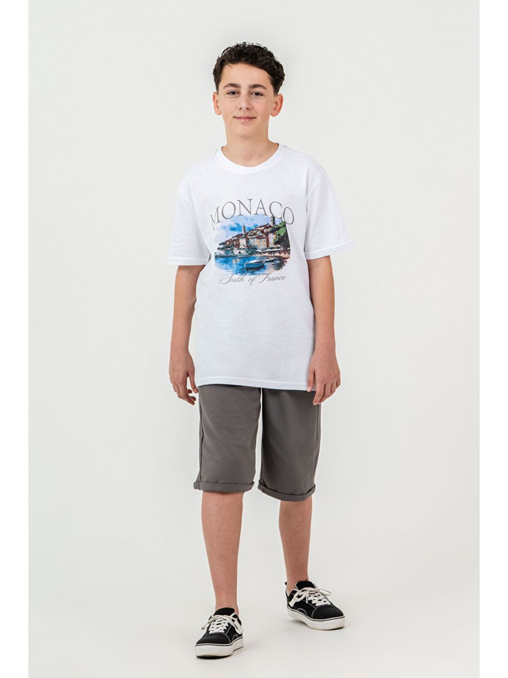 Gri Ön Orta Baskılı Duble Paçalı Erkek Çocuk Şort - Tişört Takımı
