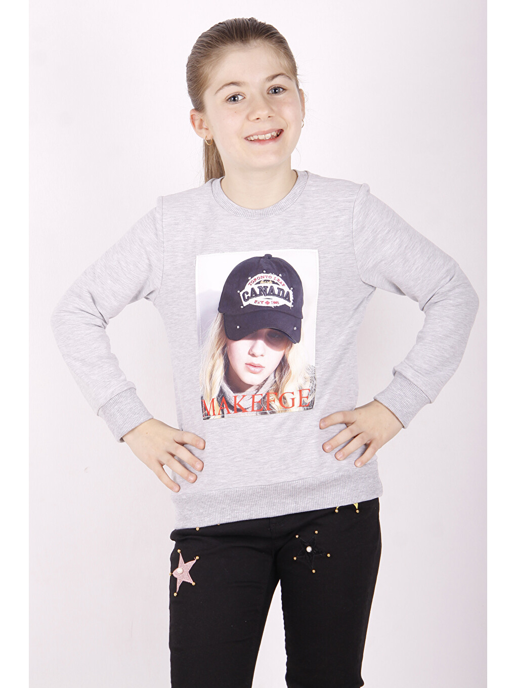 Gri Kız Çocuk Şapkası 3d Baskılı Sweatshirt
