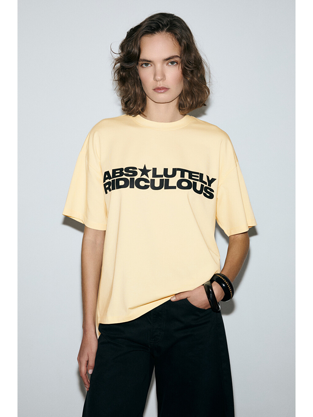 Sarı TAMBEZA Kadın %100 Pamuk Yumuşak Kumaşlı Baskı Detaylı SARI T-Shirt-1