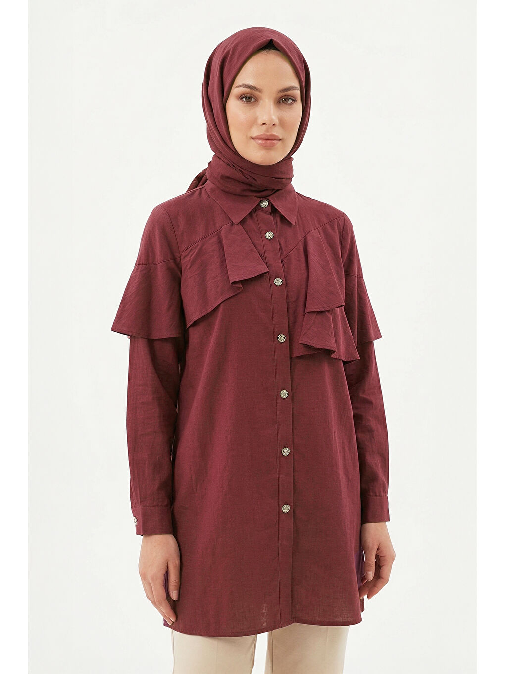 Önü Fırfır Detay Gömlek 230147 Mürdüm-2