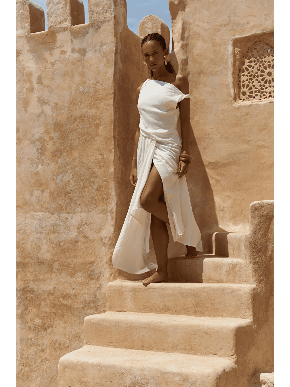 Zimbabue Uzun Ekru Keten Elbise-3