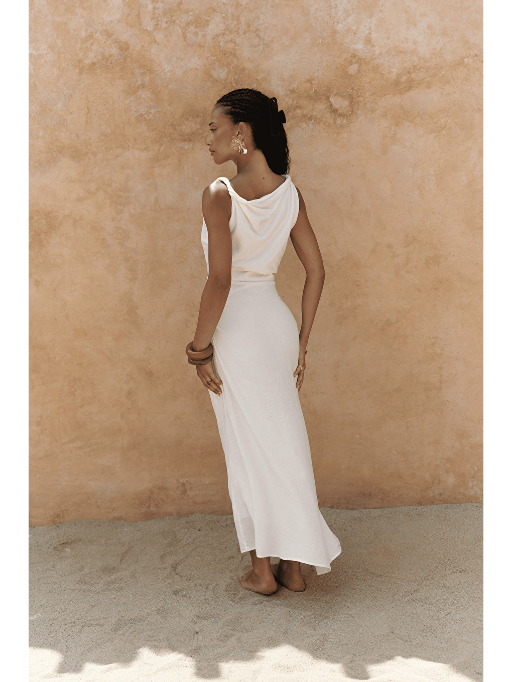 Zimbabue Uzun Ekru Keten Elbise-2