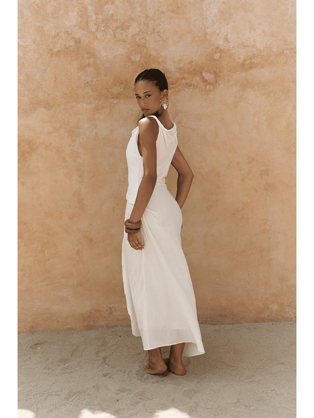 Zimbabue Uzun Ekru Keten Elbise-4