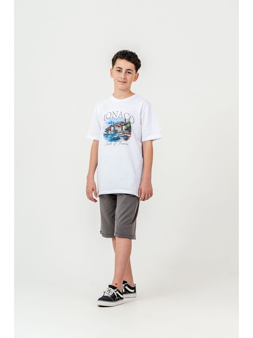 Gri Ön Orta Baskılı Duble Paçalı Erkek Çocuk Şort - Tişört Takımı-2