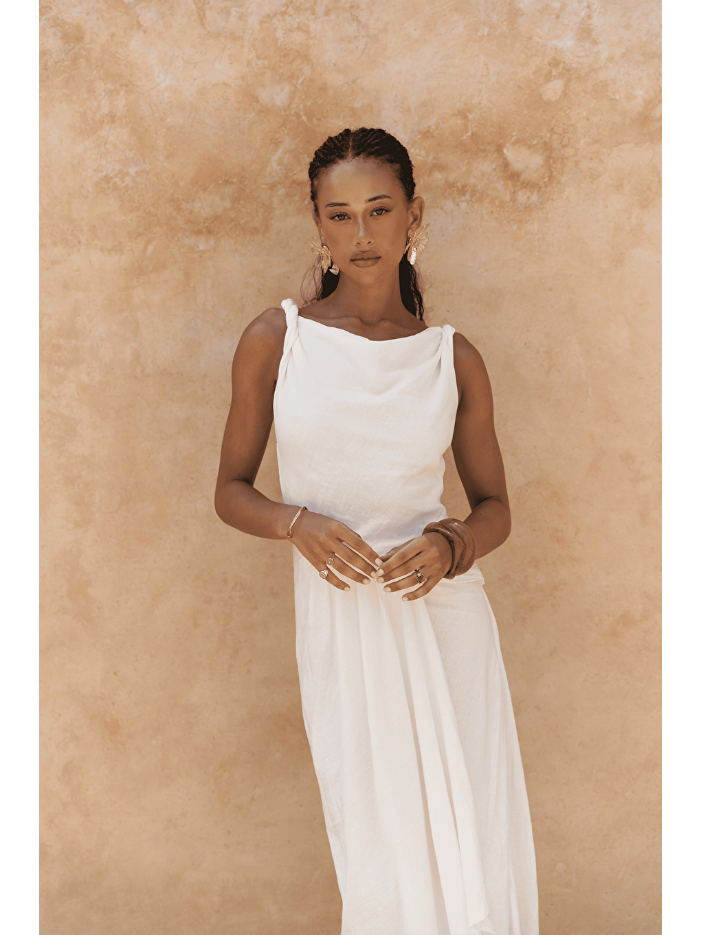 Zimbabue Uzun Ekru Keten Elbise-5