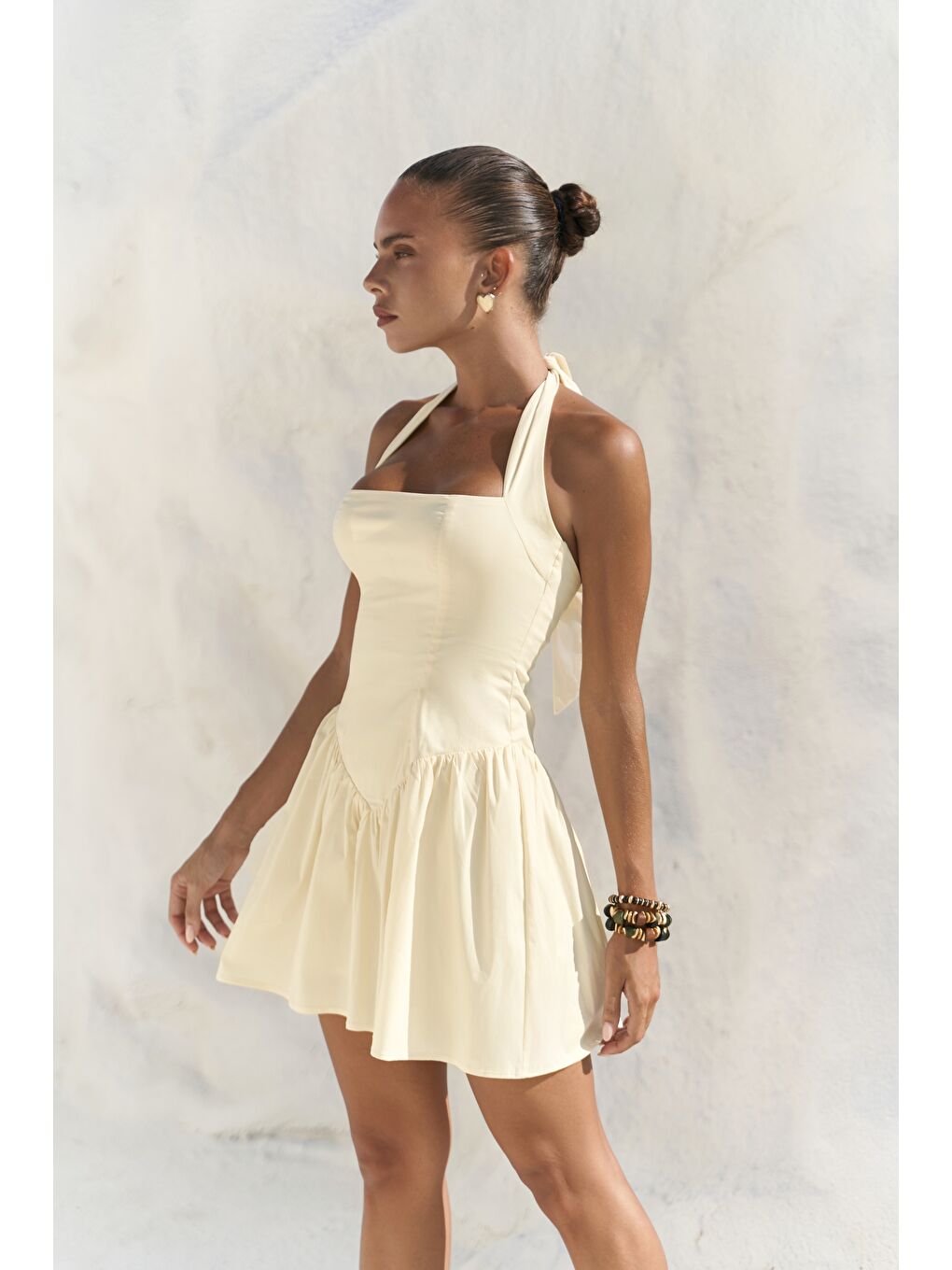 Penny Bağlamalı Sarı Mini Elbise-1