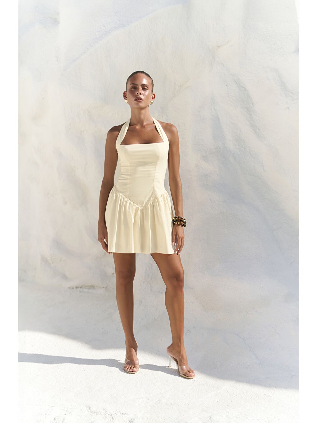 Penny Bağlamalı Sarı Mini Elbise-2