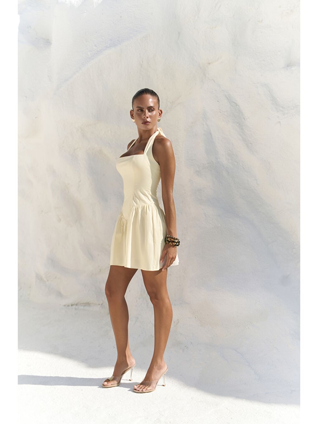 Penny Bağlamalı Sarı Mini Elbise-3